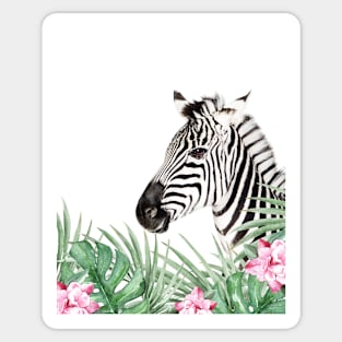 Zebra, Tropical leaves and flowers, Animal, Nursery, Trendy decor, Interior Art Print Sticker